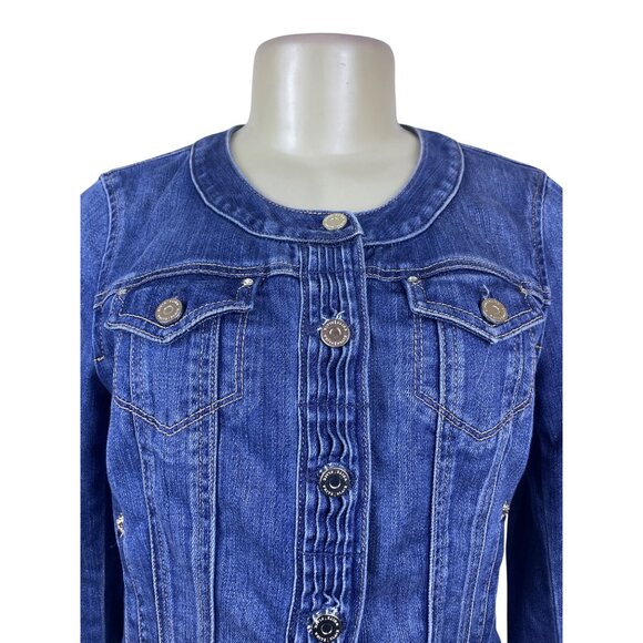 White House Black Market Women’s Blue Denim Button-Front Fitted Jacket Sz 4 - Picture 4 of 9